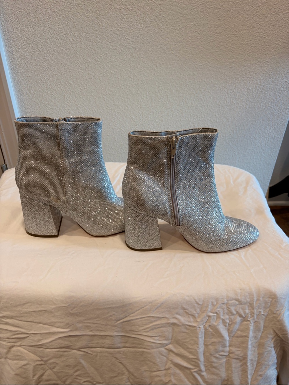 Steve Madden Silver Glitter Block Heel Booties